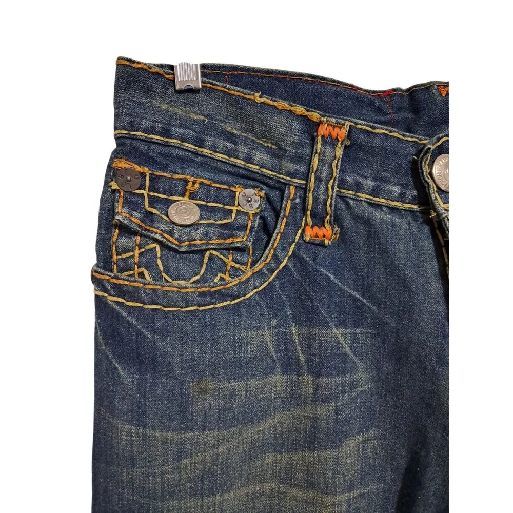True Religion Billy Super T Jeans Mens 34 READ World Tour Patch Orange Yellow St
